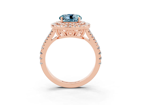 Rose gold Round Cut Aquamarine Double Halo Ring with Pavé Band and Prong Setting