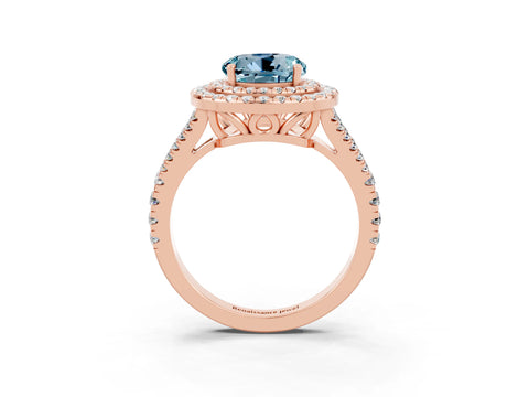 Rose gold Round Cut Aquamarine Double Halo Ring with Pavé Band and Prong Setting_15
