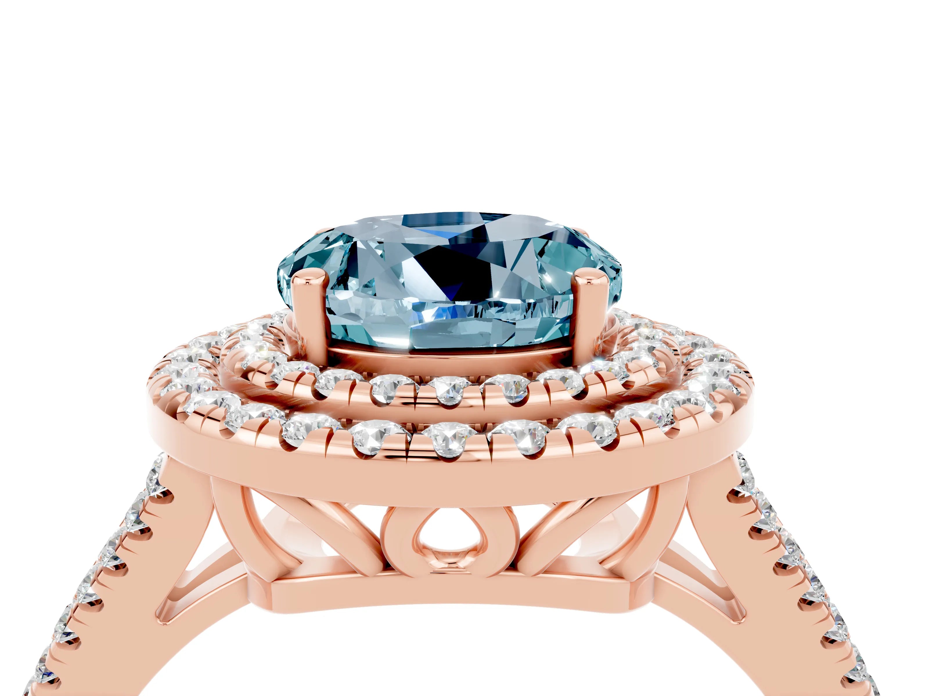 Rose gold Round Cut Aquamarine Double Halo Ring with Pavé Band and Prong Setting_16