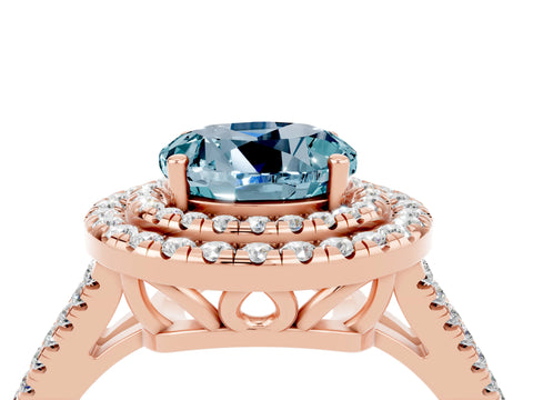 Rose gold Round Cut Aquamarine Double Halo Ring with Pavé Band and Prong Setting_16