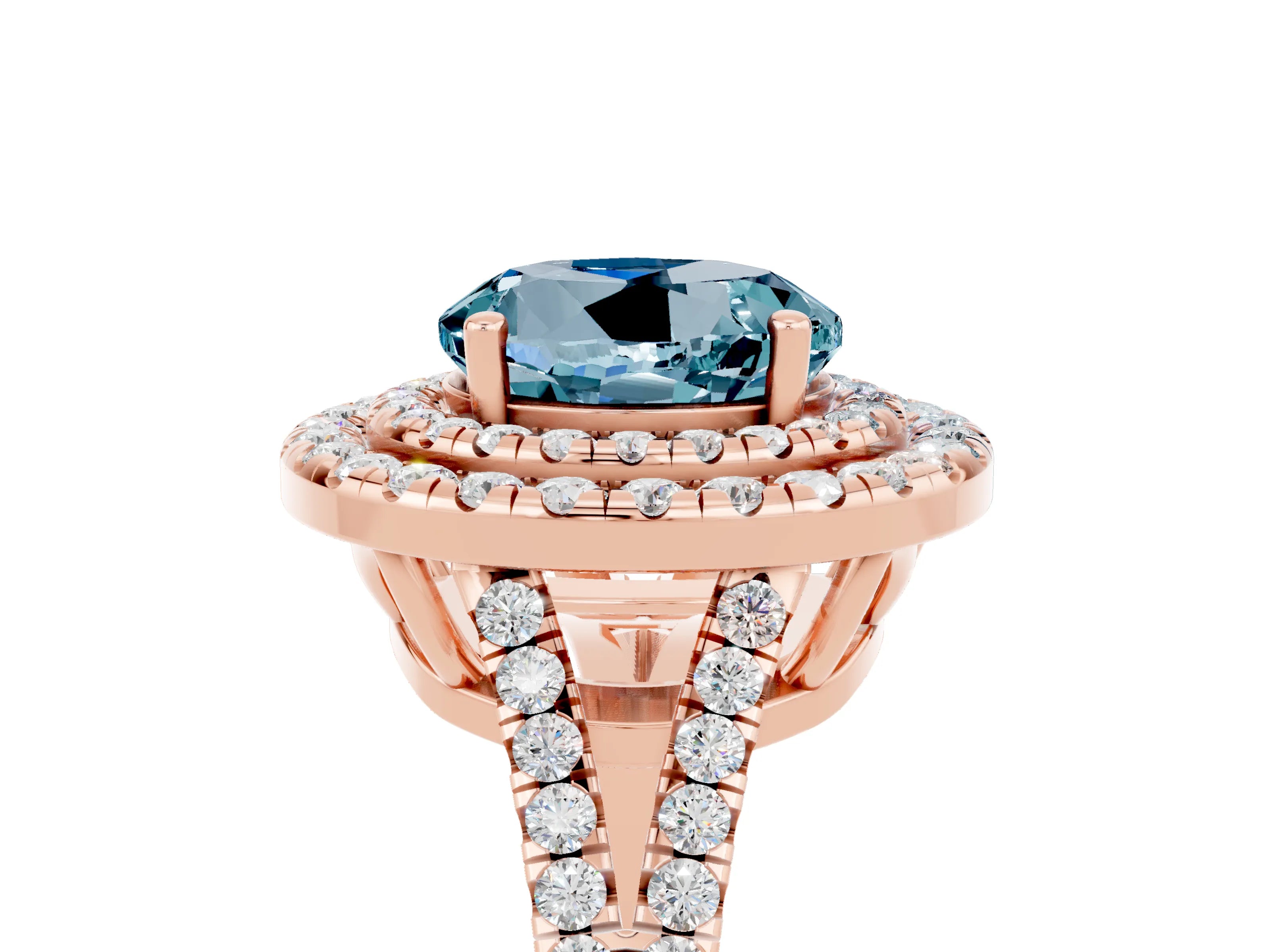 Rose gold Round Cut Aquamarine Double Halo Ring with Pavé Band and Prong Setting_17