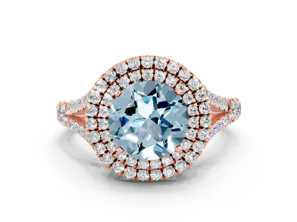 Rose gold Round Cut Aquamarine Double Halo Ring with Split Shank and Prong Setting
