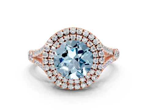 Rose gold Round Cut Aquamarine Double Halo Ring with Split Shank and Prong Setting_12