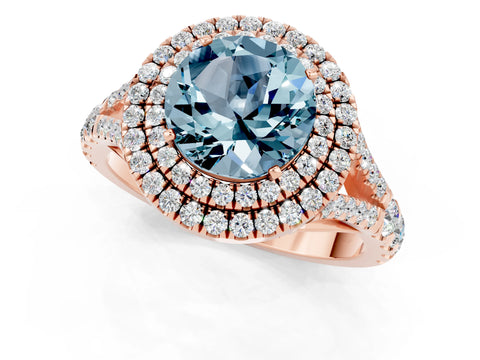 Rose gold Round Cut Aquamarine Double Halo Ring with Split Shank and Prong Setting_13