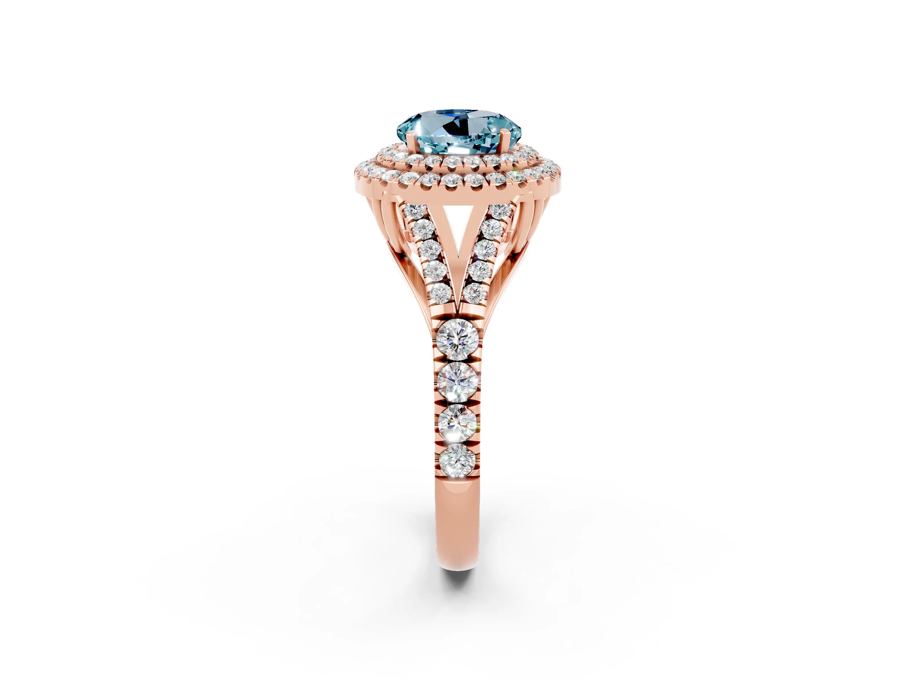 Rose gold Round Cut Aquamarine Double Halo Ring with Split Shank and Prong Setting_14