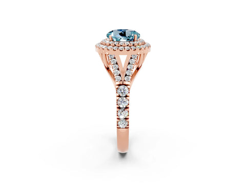 Rose gold Round Cut Aquamarine Double Halo Ring with Split Shank and Prong Setting_14