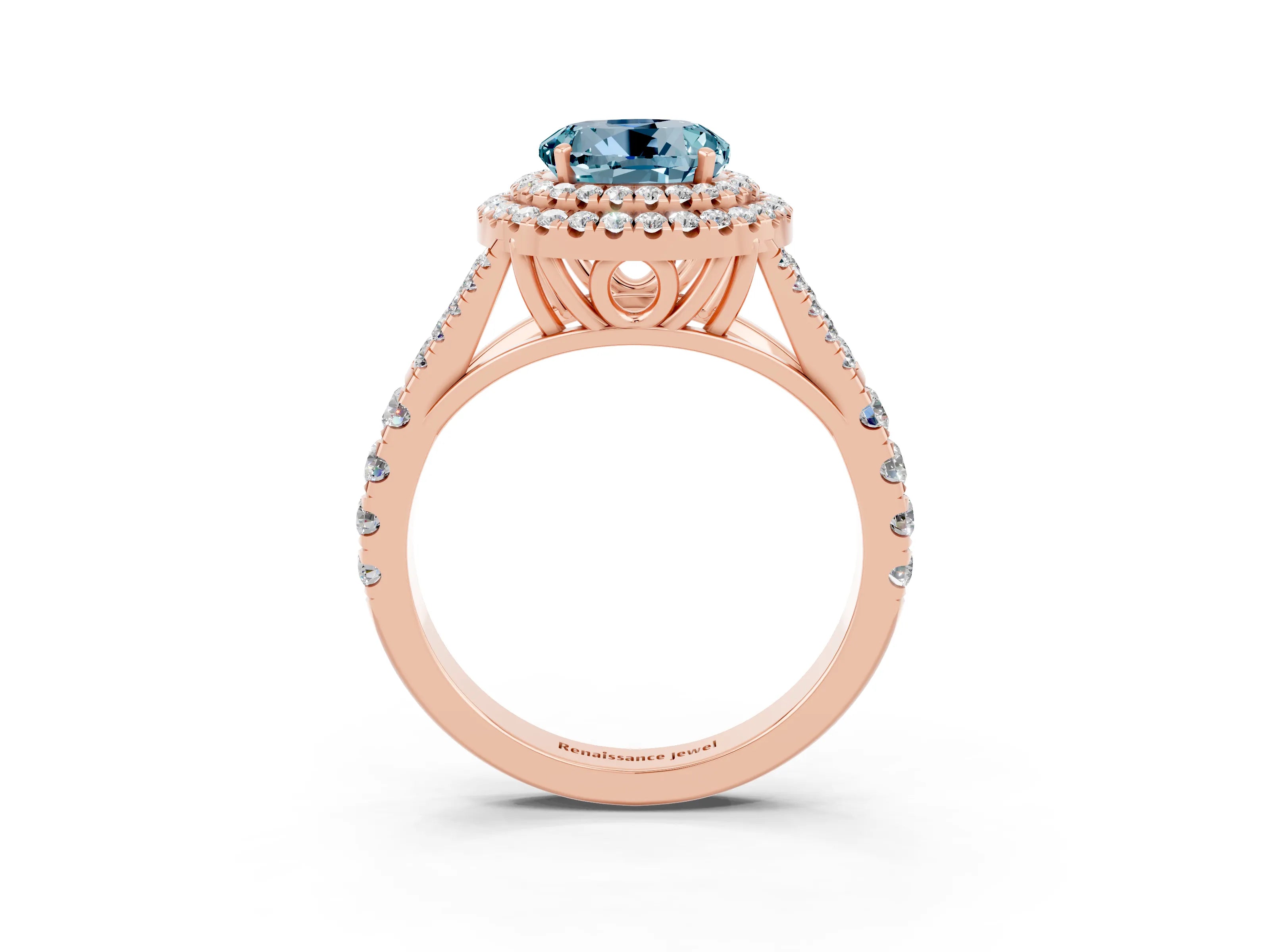 Rose gold Round Cut Aquamarine Double Halo Ring with Split Shank and Prong Setting_15