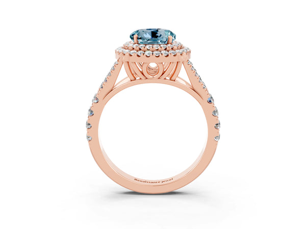 Rose gold Round Cut Aquamarine Double Halo Ring with Split Shank and Prong Setting