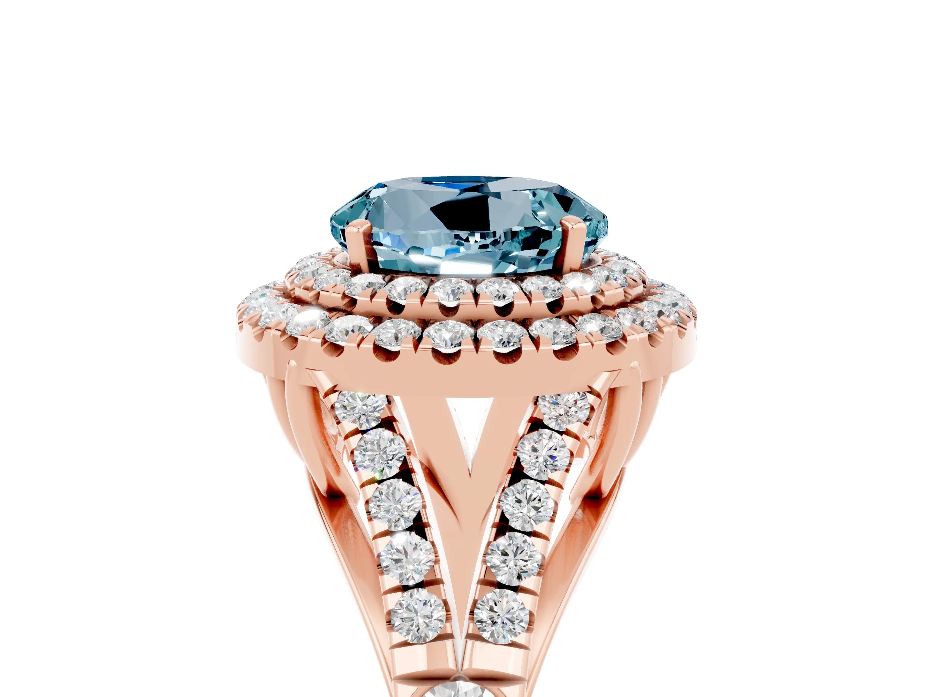 Rose gold Round Cut Aquamarine Double Halo Ring with Split Shank and Prong Setting_17