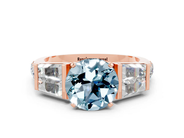Rose gold Round Cut Aquamarine Engagement Ring with Baguette Side Stones and Channel Set Band