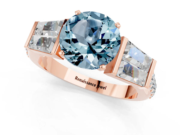 Rose gold Round Cut Aquamarine Engagement Ring with Baguette Side Stones and Channel Set Band