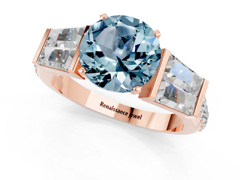 Rose gold Round Cut Aquamarine Engagement Ring with Baguette Side Stones and Channel Set Band_1