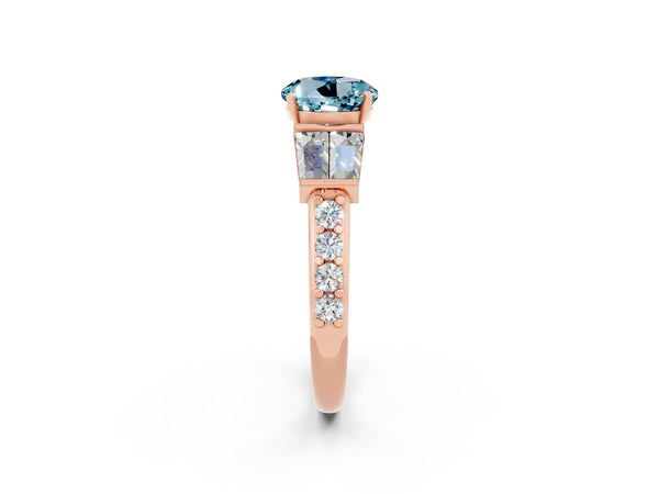 Rose gold Round Cut Aquamarine Engagement Ring with Baguette Side Stones and Channel Set Band