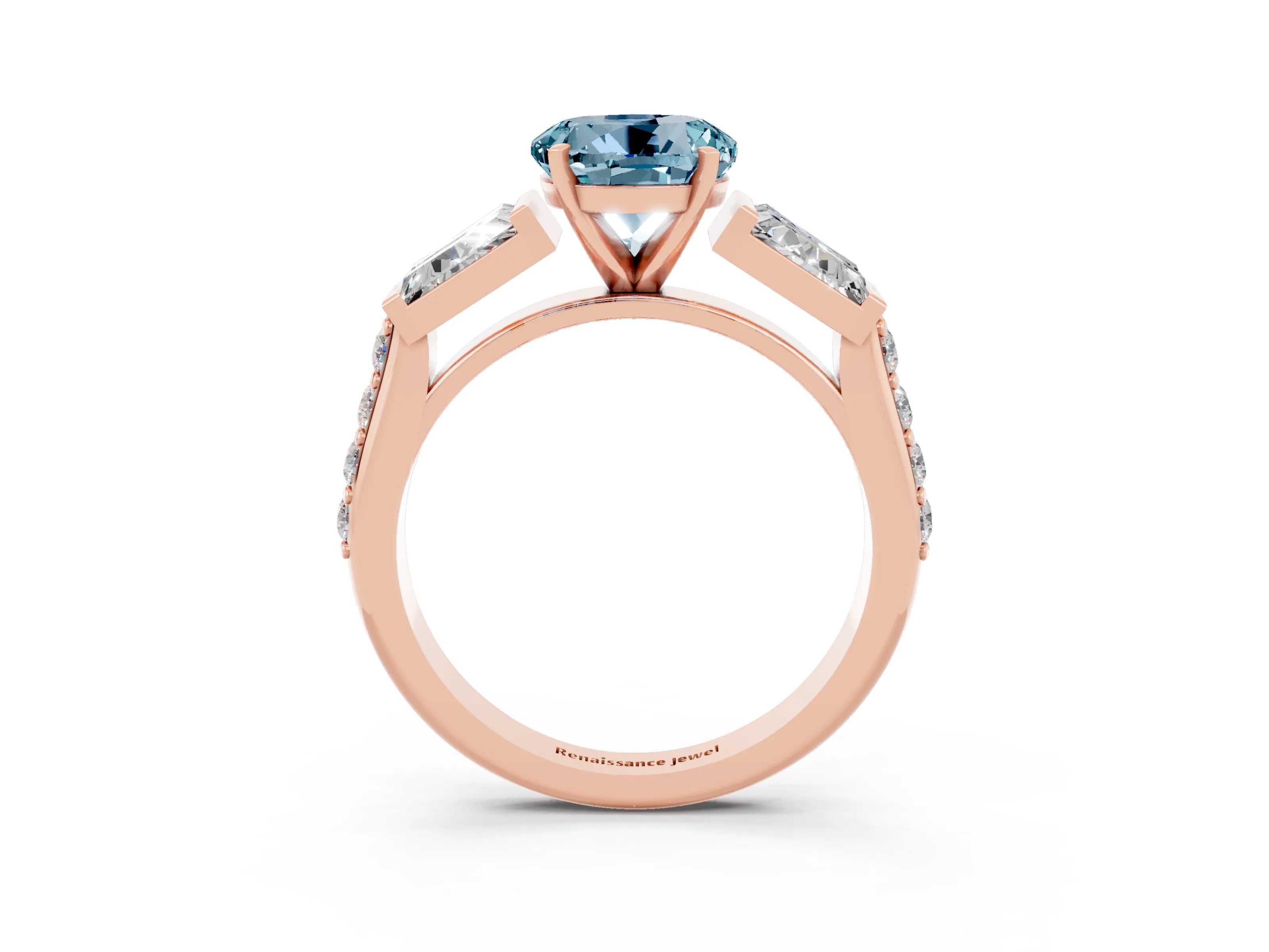 Rose gold Round Cut Aquamarine Engagement Ring with Baguette Side Stones and Channel Set Band_3