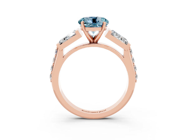 Rose gold Round Cut Aquamarine Engagement Ring with Baguette Side Stones and Channel Set Band