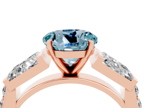 Rose gold Round Cut Aquamarine Engagement Ring with Baguette Side Stones and Channel Set Band_4