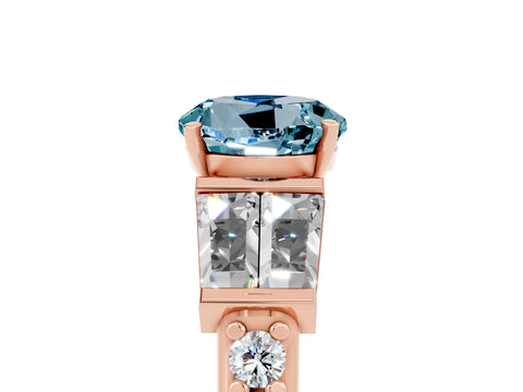 Rose gold Round Cut Aquamarine Engagement Ring with Baguette Side Stones and Channel Set Band_5