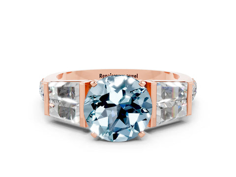 Rose gold Round Cut Aquamarine Engagement Ring with Baguette Side Stones and Channel Set Band