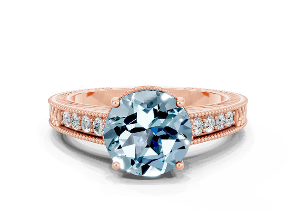 Rose gold Round Cut Aquamarine Engagement Ring with Milgrain Channel Set Band and Prong Setting