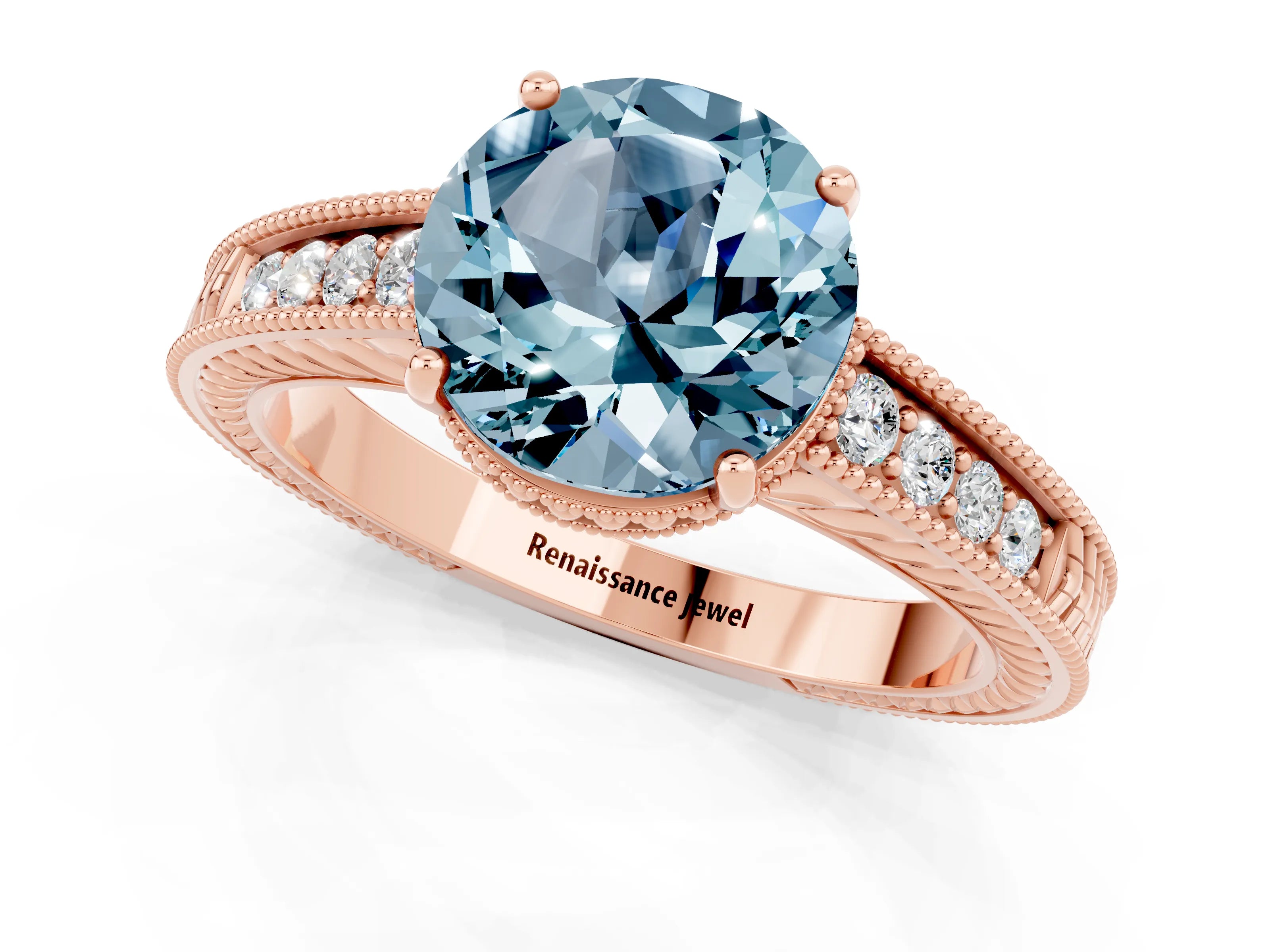 Rose gold Round Cut Aquamarine Engagement Ring with Milgrain Channel Set Band and Prong Setting_1