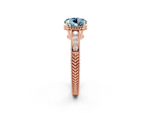 Rose gold Round Cut Aquamarine Engagement Ring with Milgrain Channel Set Band and Prong Setting