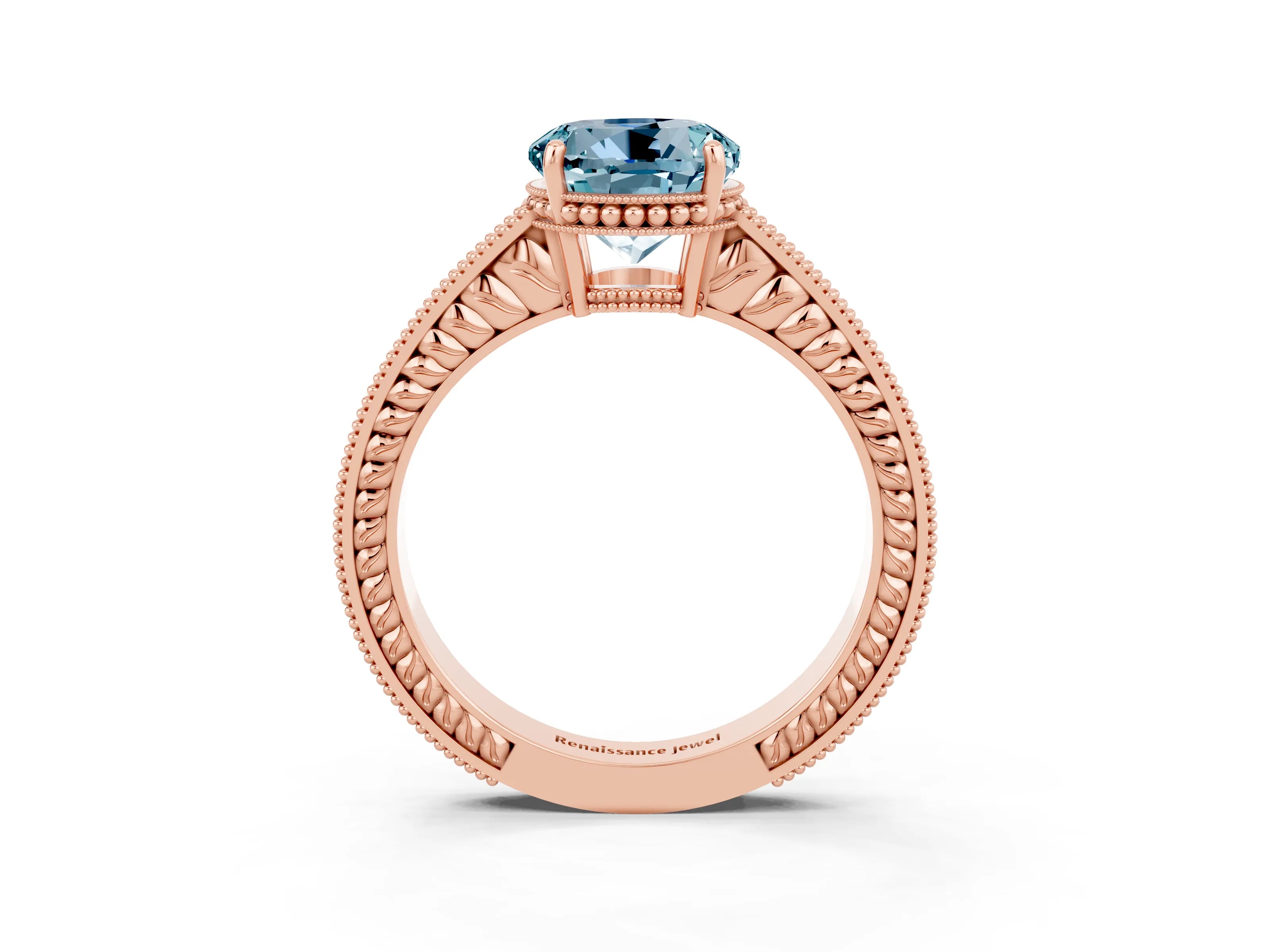 Rose gold Round Cut Aquamarine Engagement Ring with Milgrain Channel Set Band and Prong Setting_3