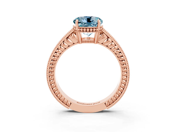 Rose gold Round Cut Aquamarine Engagement Ring with Milgrain Channel Set Band and Prong Setting