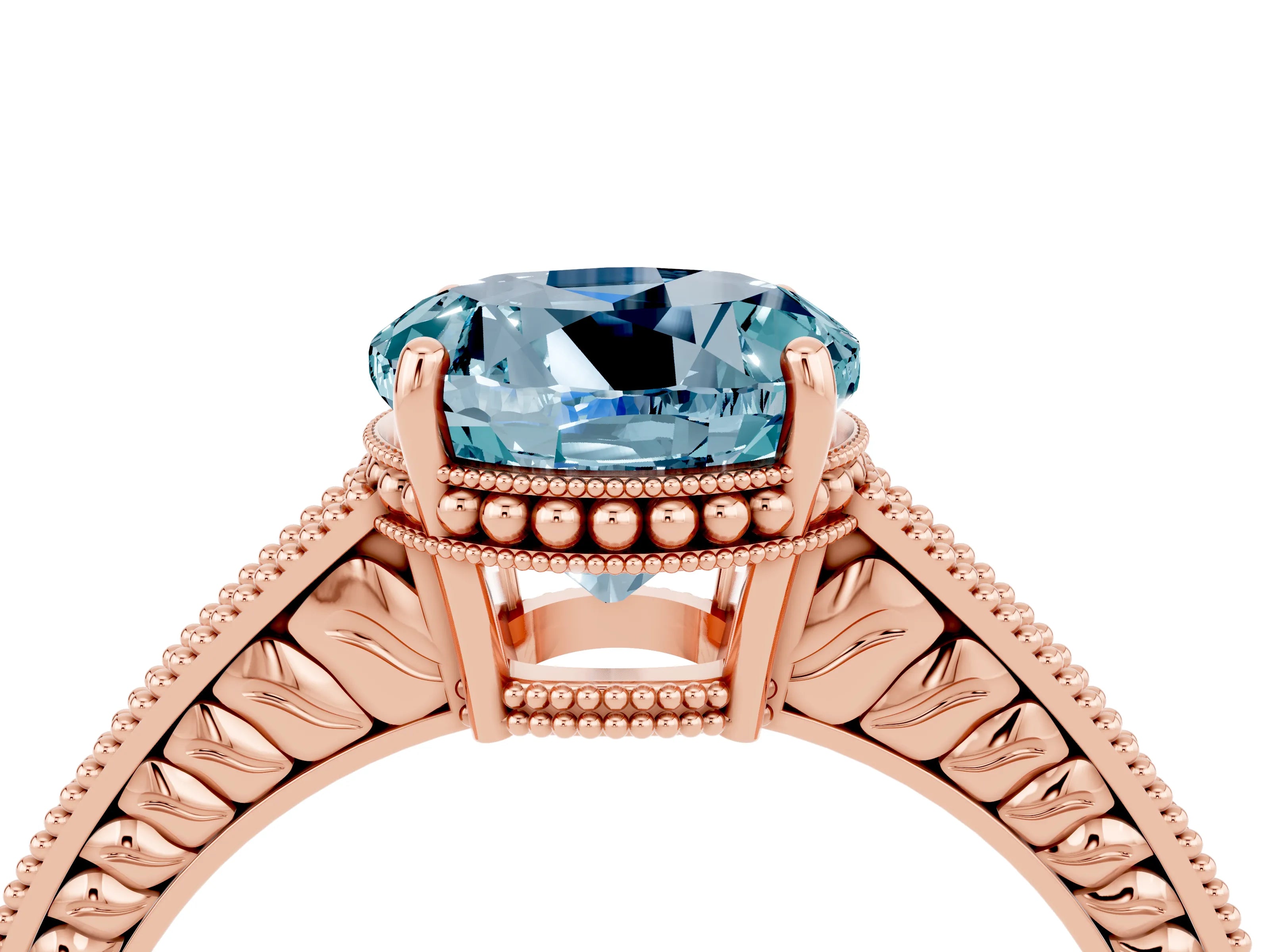 Rose gold Round Cut Aquamarine Engagement Ring with Milgrain Channel Set Band and Prong Setting_4