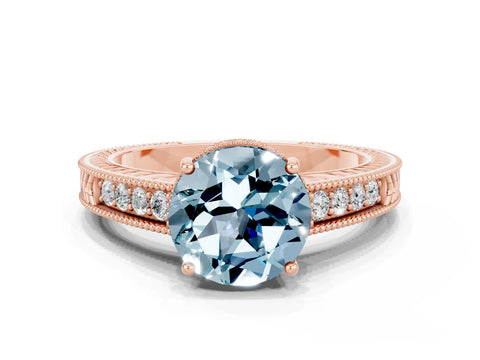 Rose gold Round Cut Aquamarine Engagement Ring with Milgrain Channel Set Band and Prong Setting