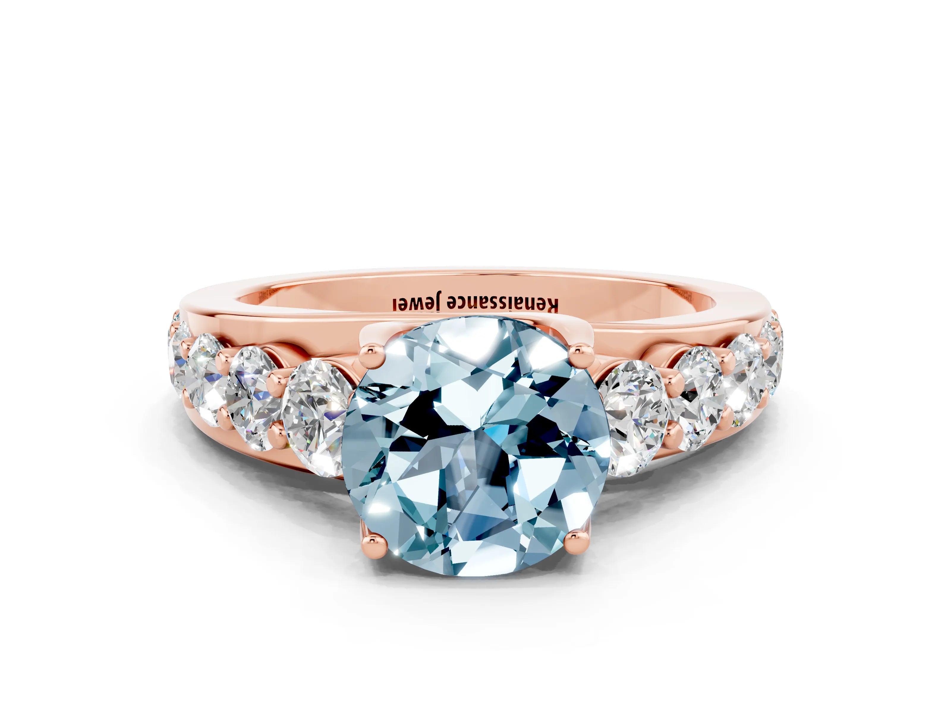 Rose gold Round Cut Aquamarine Engagement Ring with Pavé Band and Four-Prong Setting