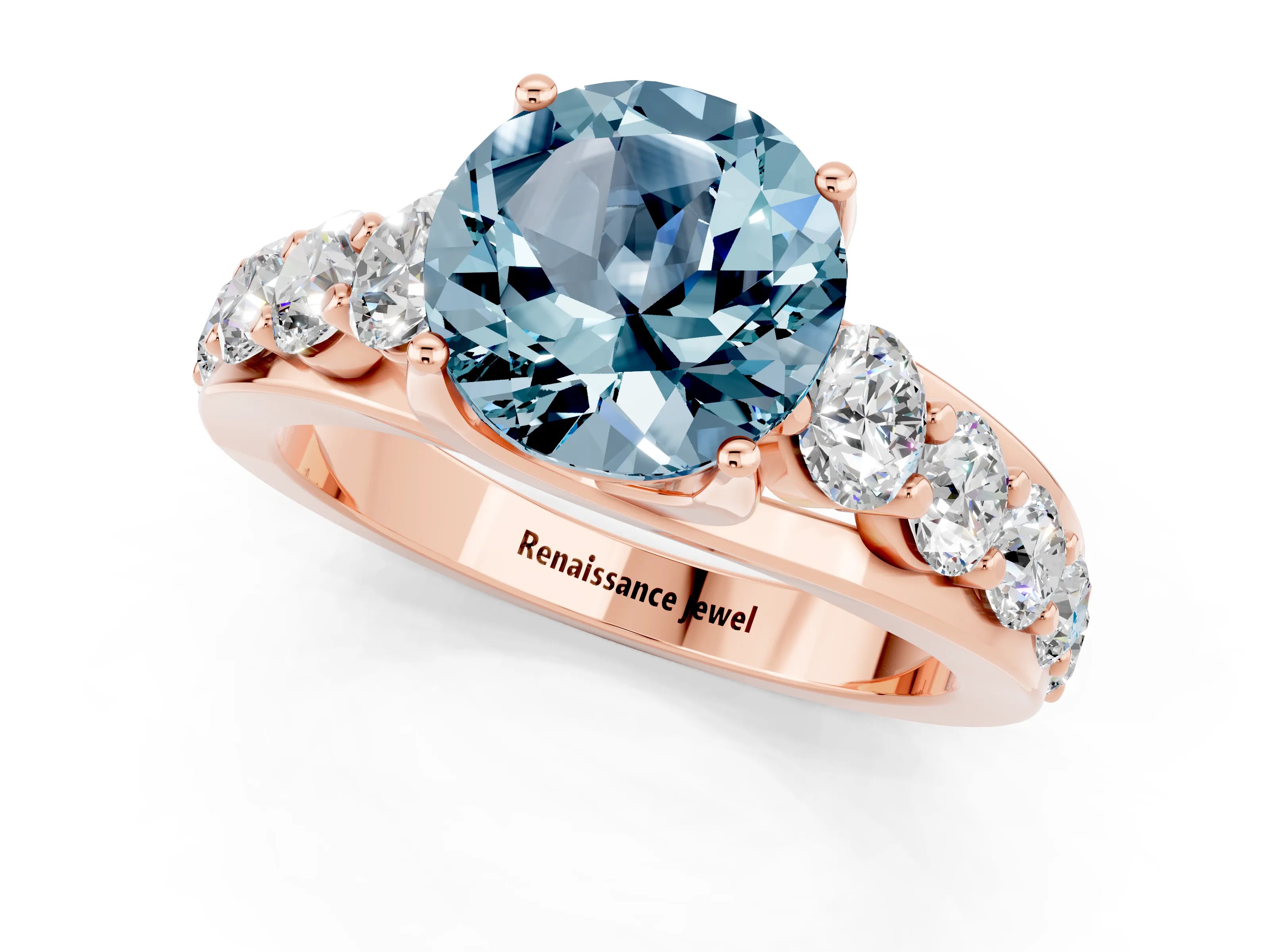Rose gold Round Cut Aquamarine Engagement Ring with Pavé Band and Four-Prong Setting_1