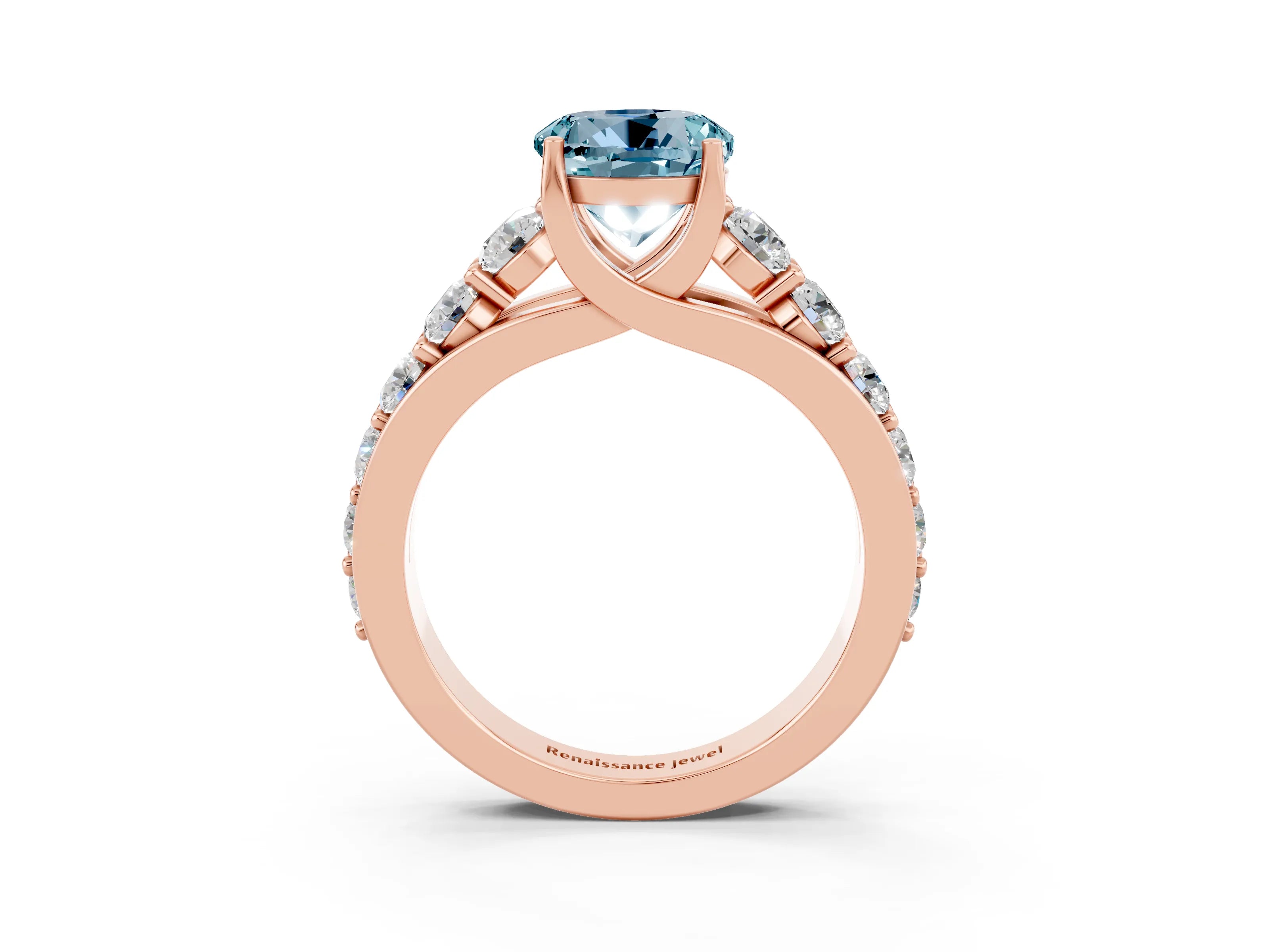 Rose gold Round Cut Aquamarine Engagement Ring with Pavé Band and Four-Prong Setting_3