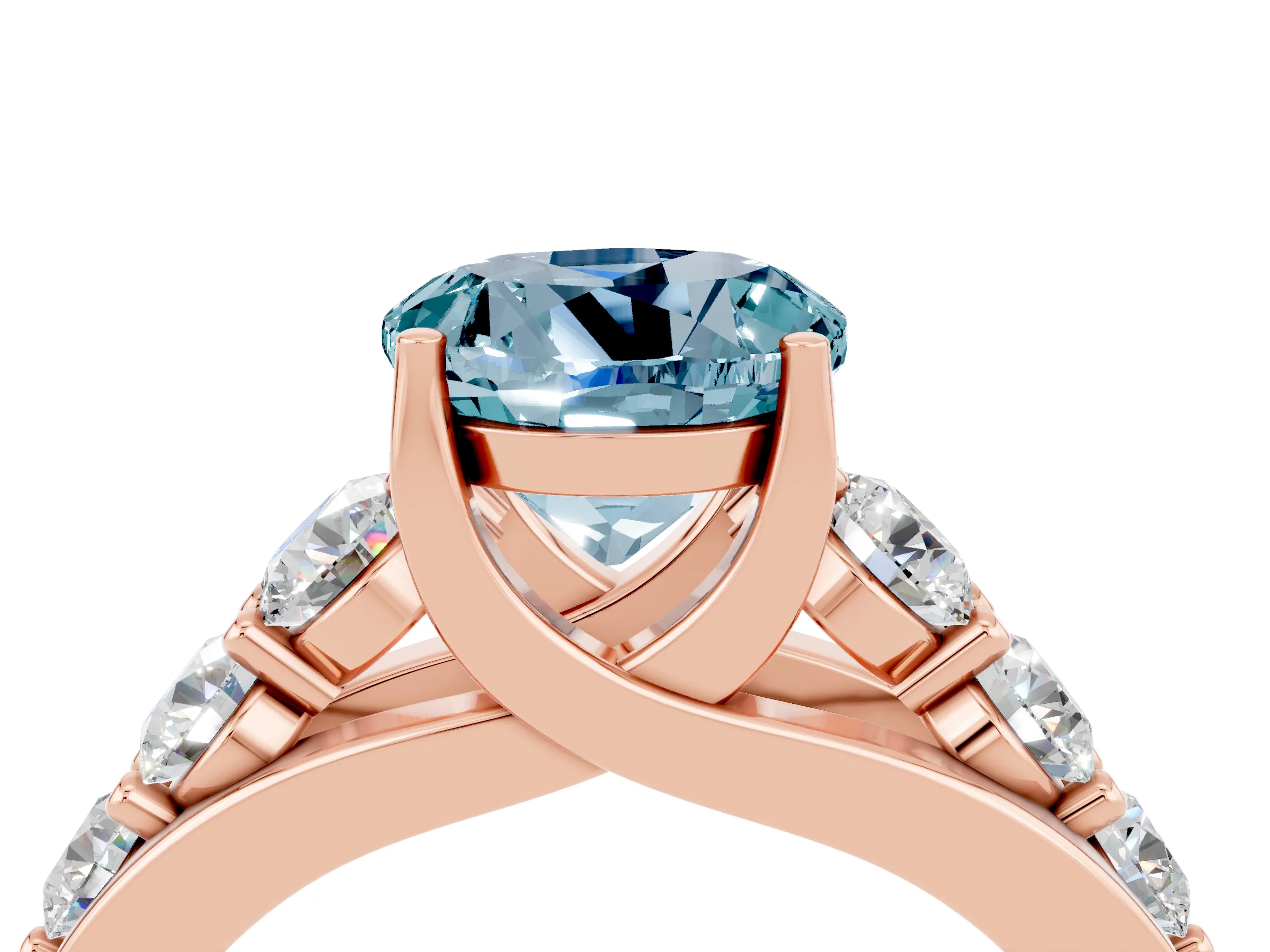 Rose gold Round Cut Aquamarine Engagement Ring with Pavé Band and Four-Prong Setting_4