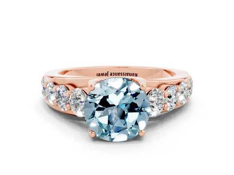 Rose gold Round Cut Aquamarine Engagement Ring with Pavé Band and Four-Prong Setting