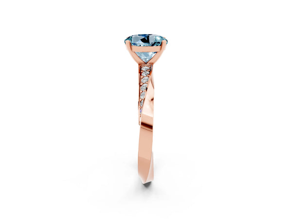 Rose gold Round Cut Aquamarine Engagement Ring with Side Stone Accents and Four-Prong Setting
