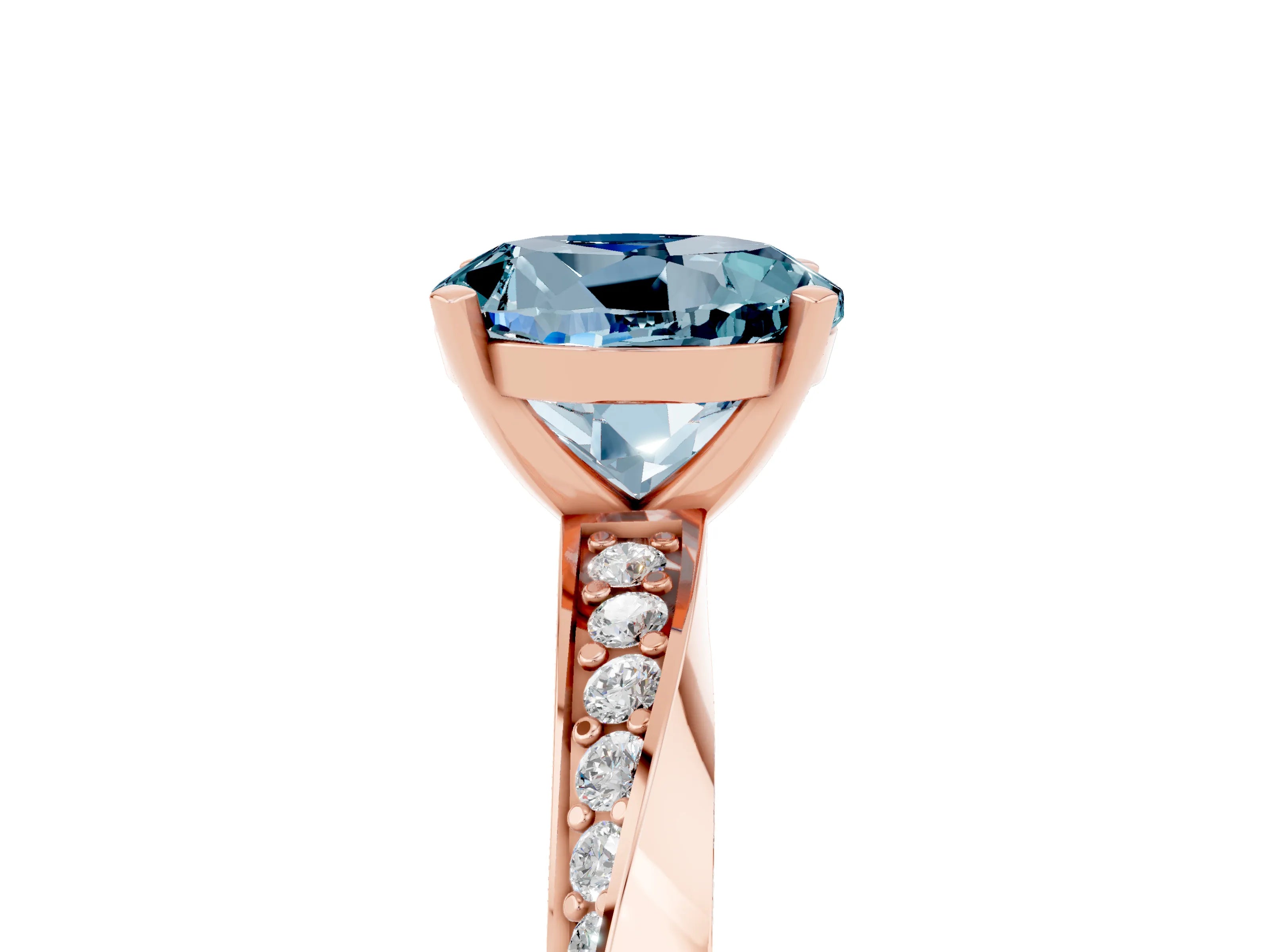 Rose gold Round Cut Aquamarine Engagement Ring with Side Stone Accents and Four-Prong Setting_32