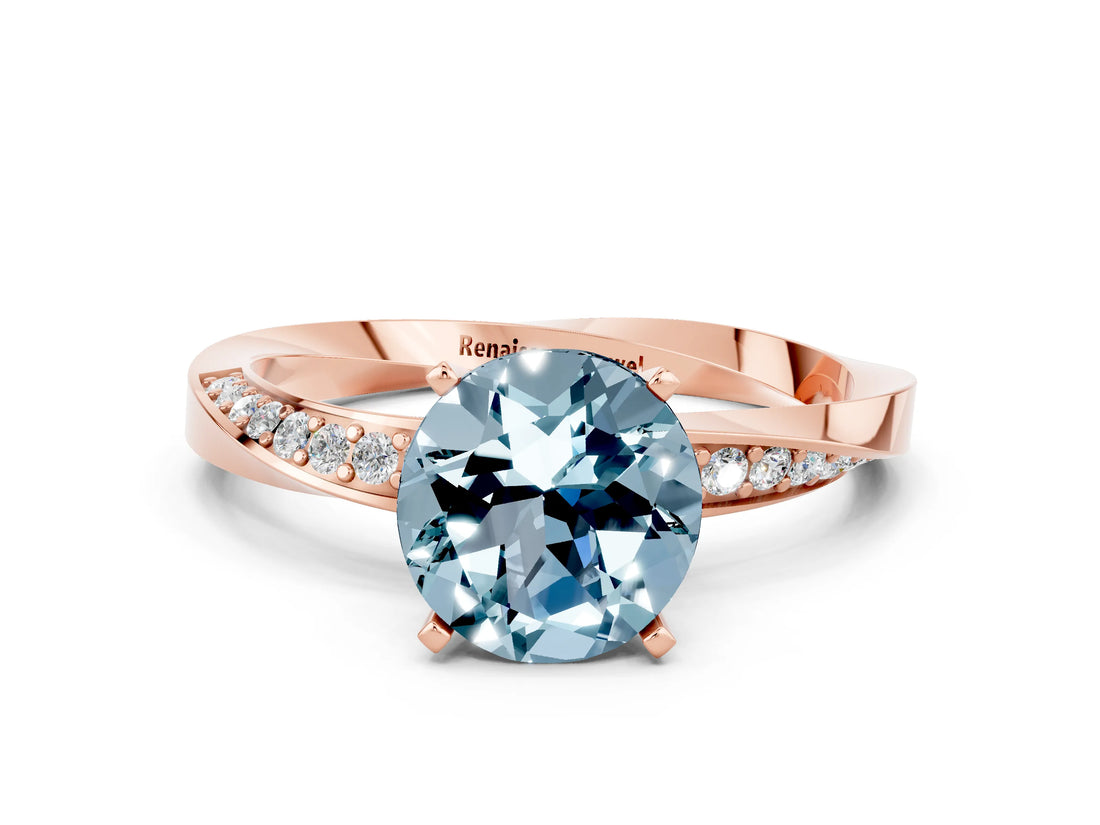 Rose gold Round Cut Aquamarine Engagement Ring with Side Stone Accents and Four-Prong Setting_60