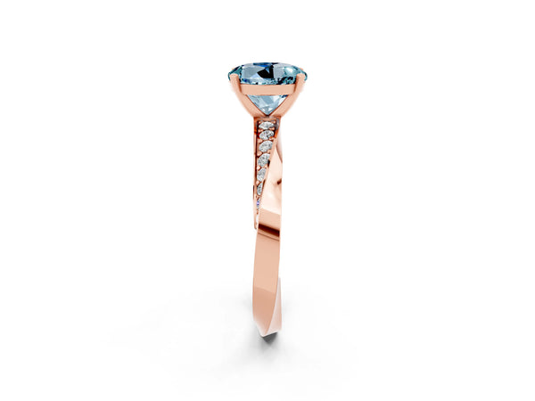 Rose gold Round Cut Aquamarine Engagement Ring with Side Stone Accents and Four-Prong Setting