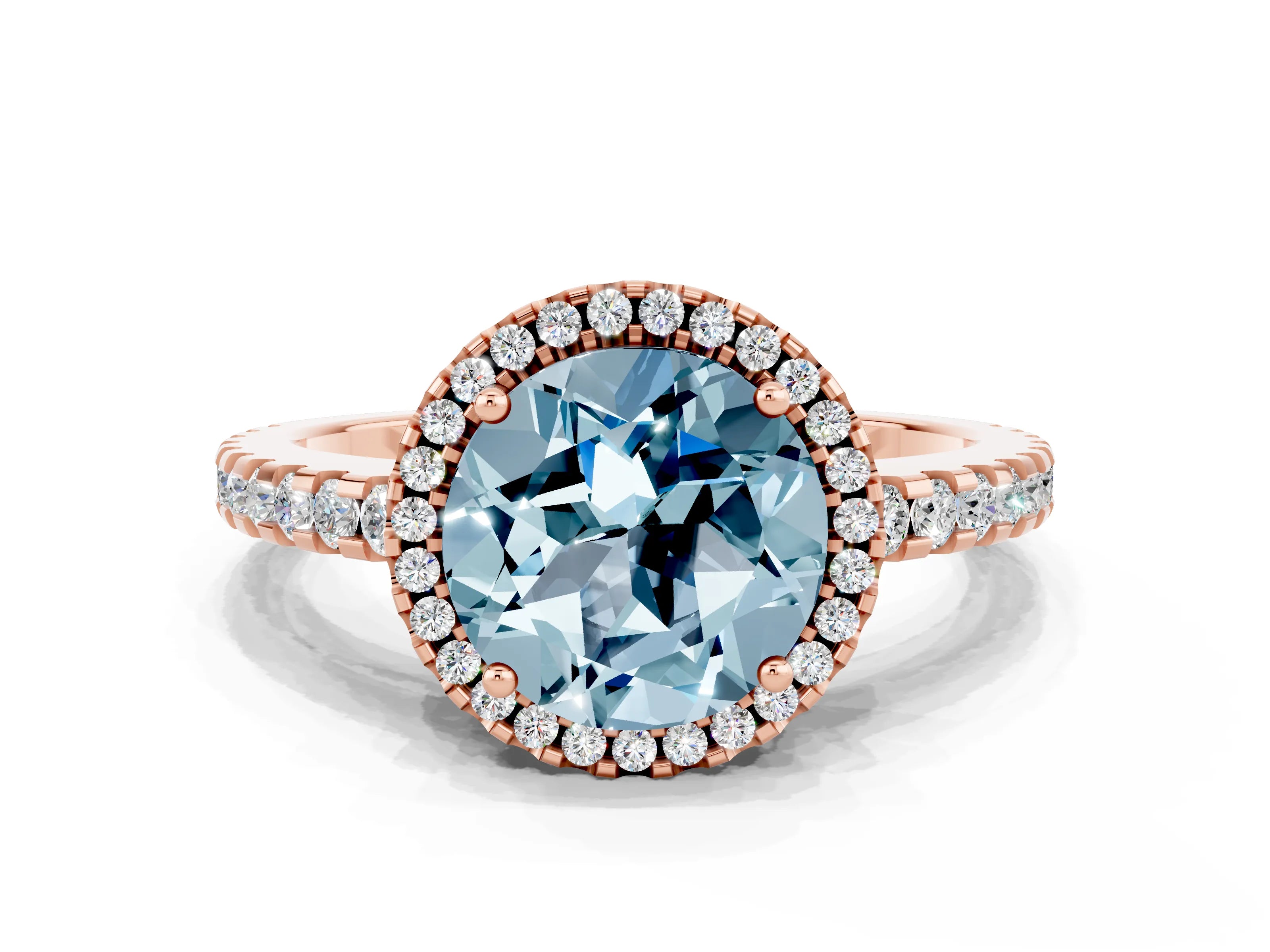 Rose gold Round Cut Aquamarine Halo Engagement Ring with Pavé Band and Prong Setting_12