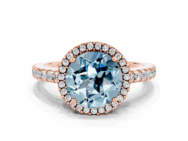 Rose gold Round Cut Aquamarine Halo Engagement Ring with Pavé Band and Prong Setting