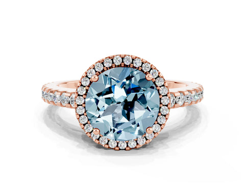 Rose gold Round Cut Aquamarine Halo Engagement Ring with Pavé Band and Prong Setting_12