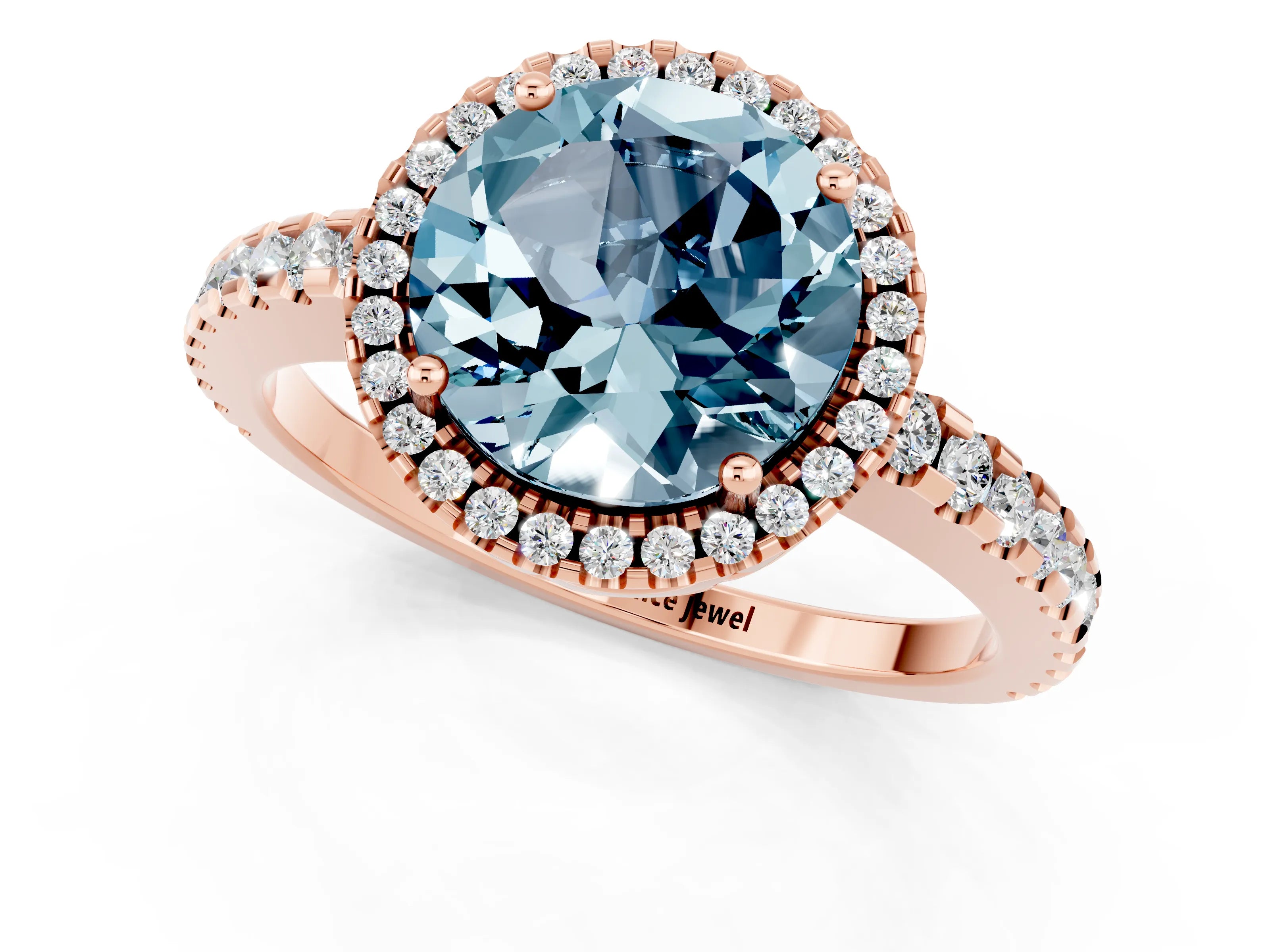 Rose gold Round Cut Aquamarine Halo Engagement Ring with Pavé Band and Prong Setting_13