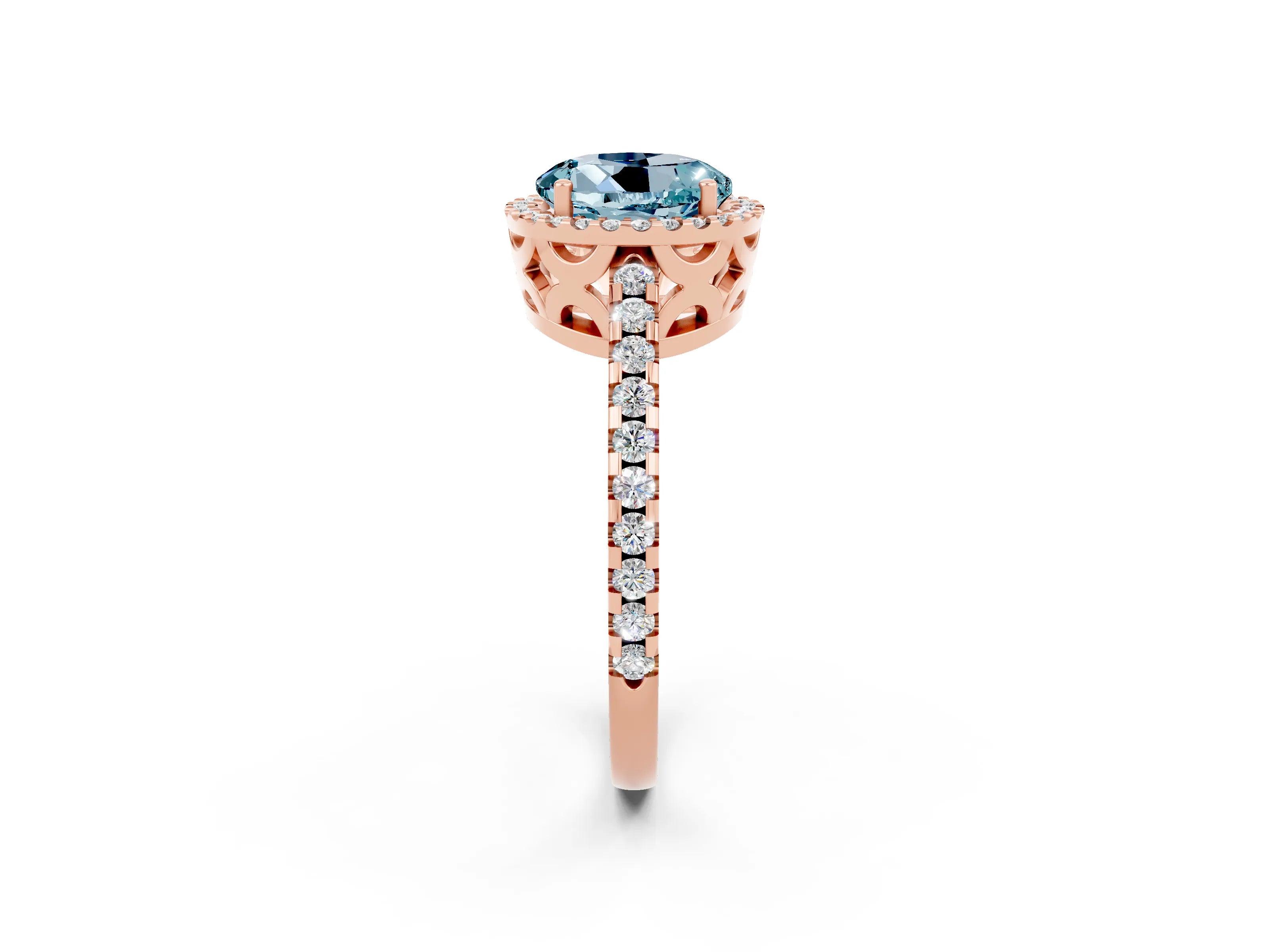 Rose gold Round Cut Aquamarine Halo Engagement Ring with Pavé Band and Prong Setting_14