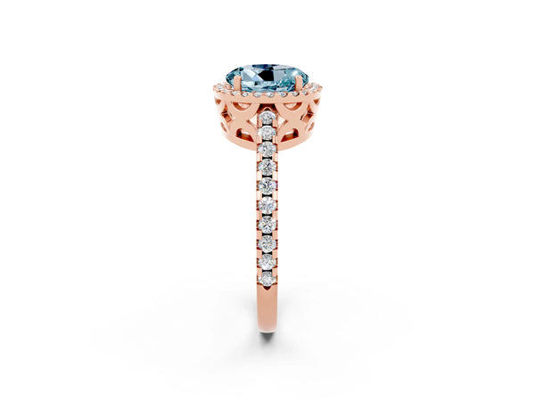 Rose gold Round Cut Aquamarine Halo Engagement Ring with Pavé Band and Prong Setting