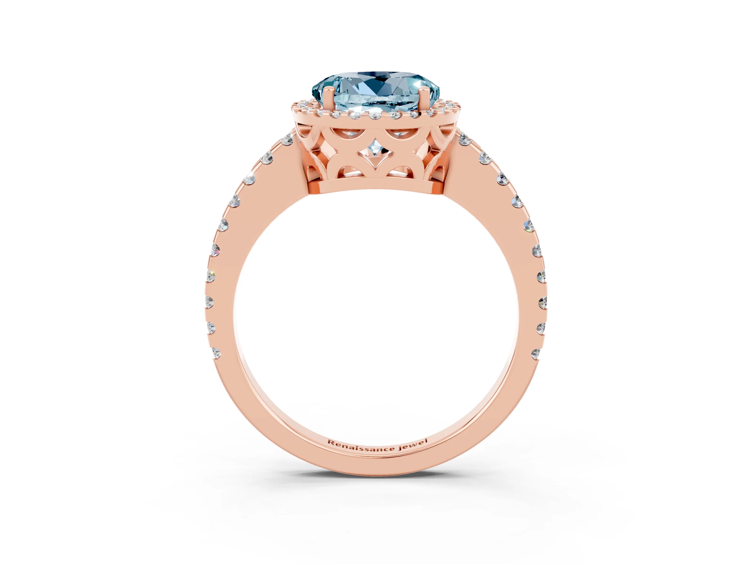 Rose gold Round Cut Aquamarine Halo Engagement Ring with Pavé Band and Prong Setting_15