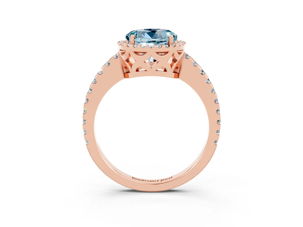 Rose gold Round Cut Aquamarine Halo Engagement Ring with Pavé Band and Prong Setting