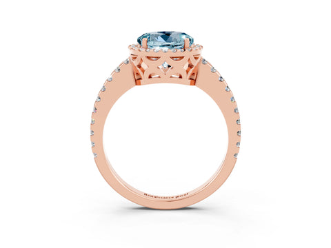 Rose gold Round Cut Aquamarine Halo Engagement Ring with Pavé Band and Prong Setting_15