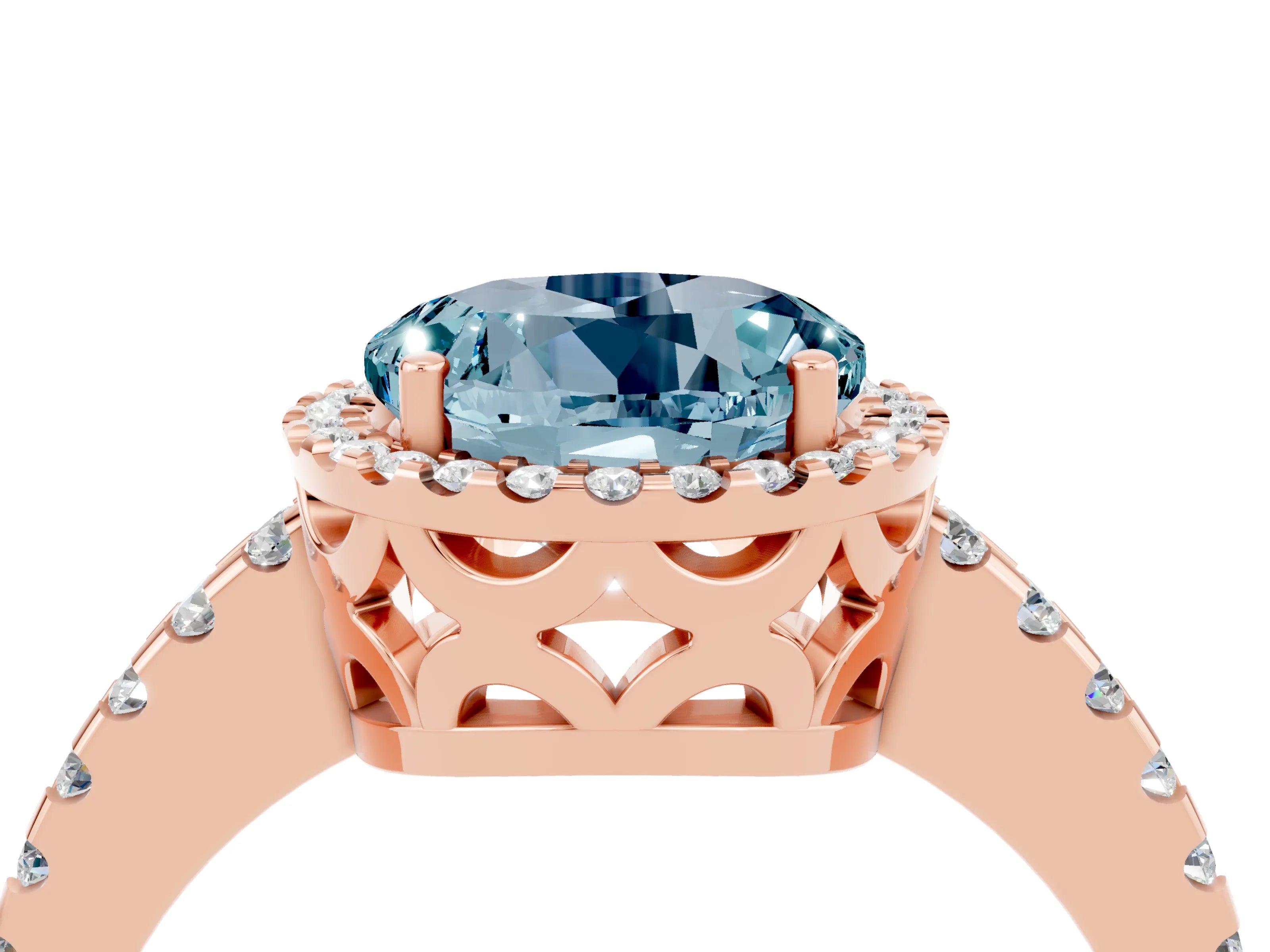 Rose gold Round Cut Aquamarine Halo Engagement Ring with Pavé Band and Prong Setting_16