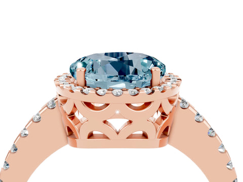 Rose gold Round Cut Aquamarine Halo Engagement Ring with Pavé Band and Prong Setting_16