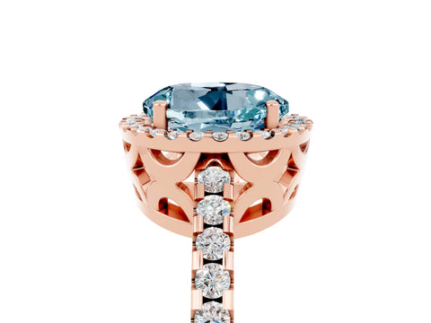 Rose gold Round Cut Aquamarine Halo Engagement Ring with Pavé Band and Prong Setting_17